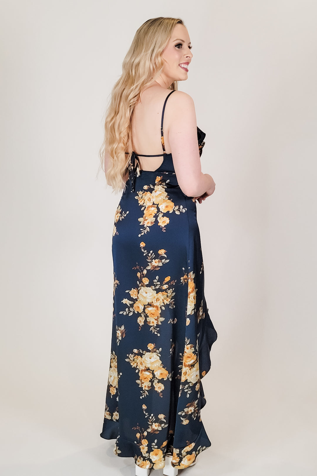 Navy Floral Asymmetrical Ruffle Maxi Dress