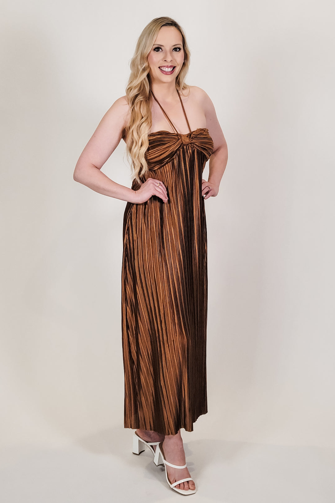 Shimmer Brown Pleated Halter Midi Dress