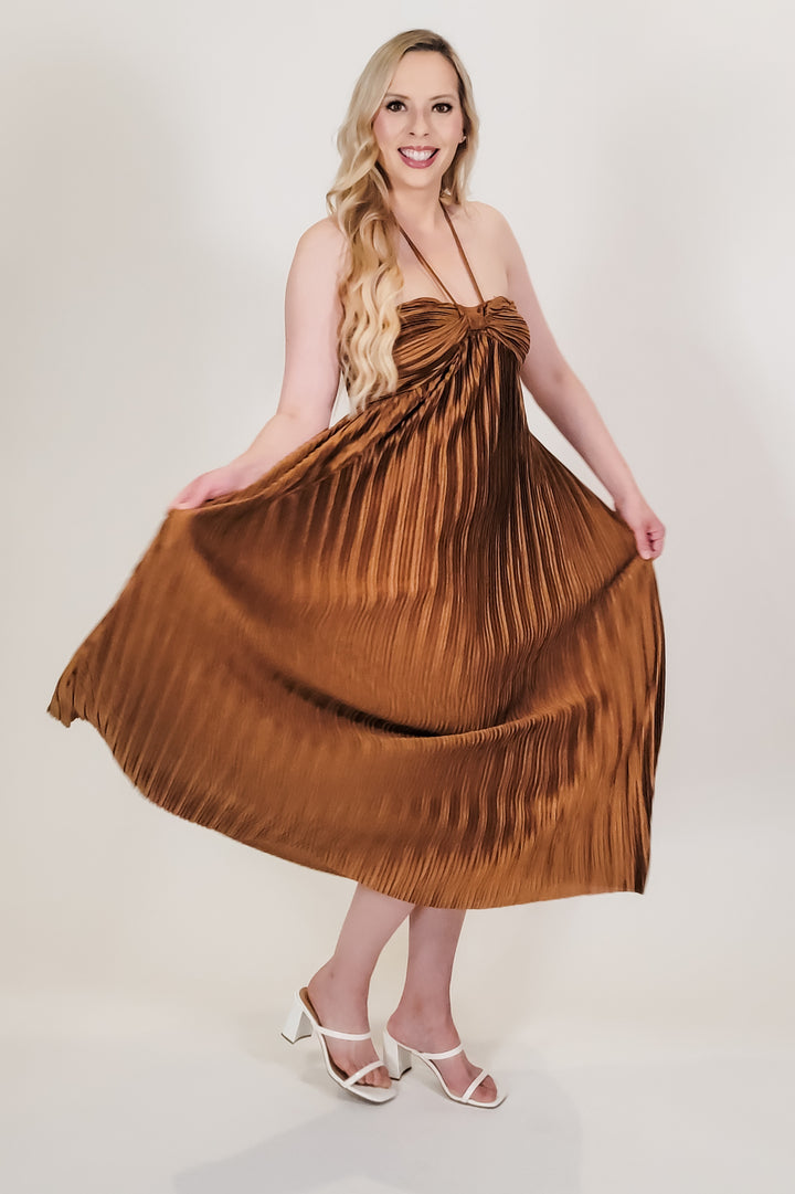 Shimmer Brown Pleated Halter Midi Dress