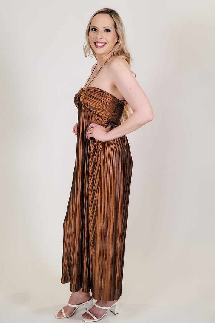 Shimmer Brown Pleated Halter Midi Dress