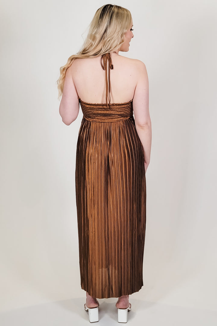 Shimmer Brown Pleated Halter Midi Dress