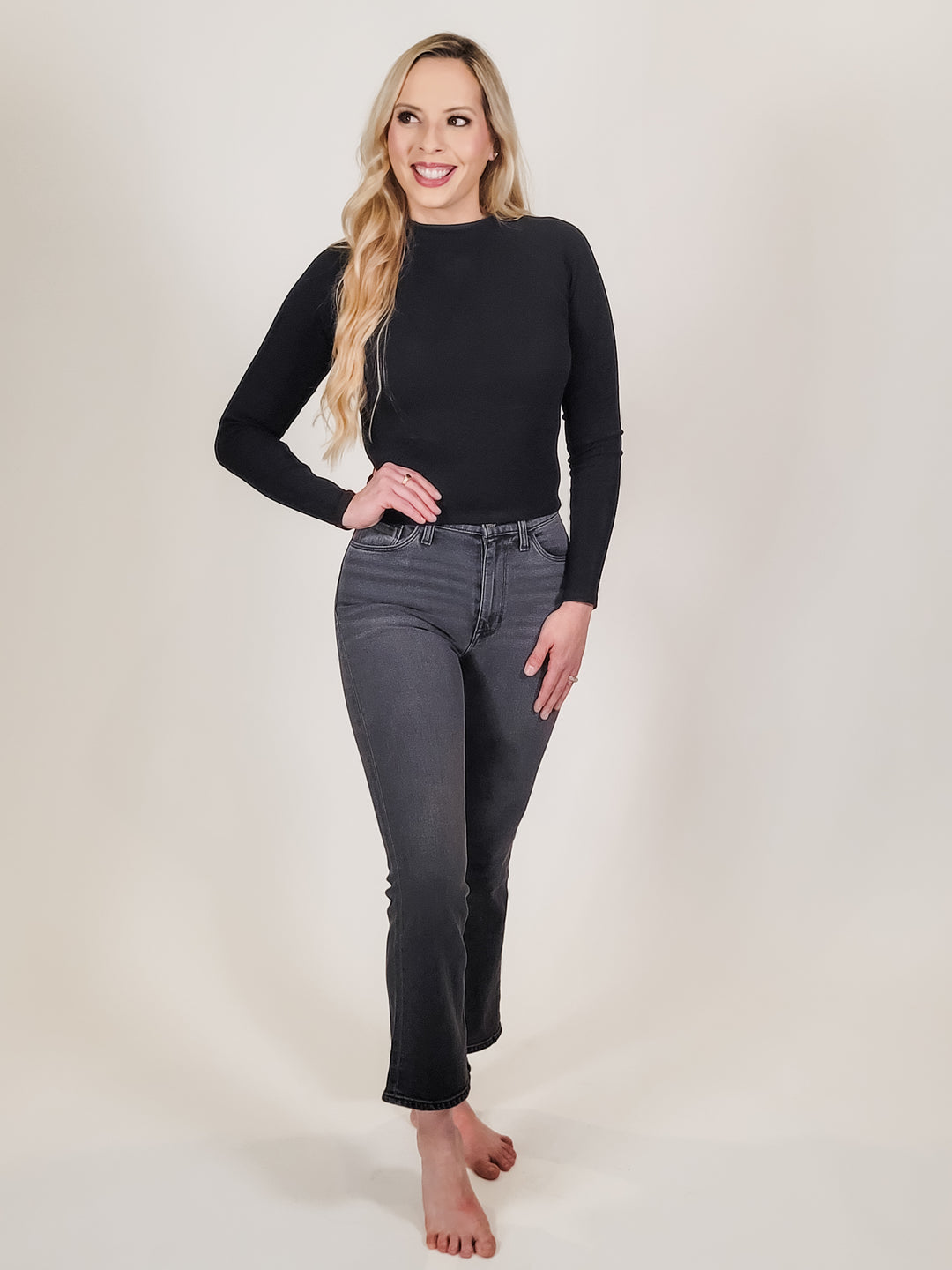 Black Ribbed Mock Neck Long Sleeve Top