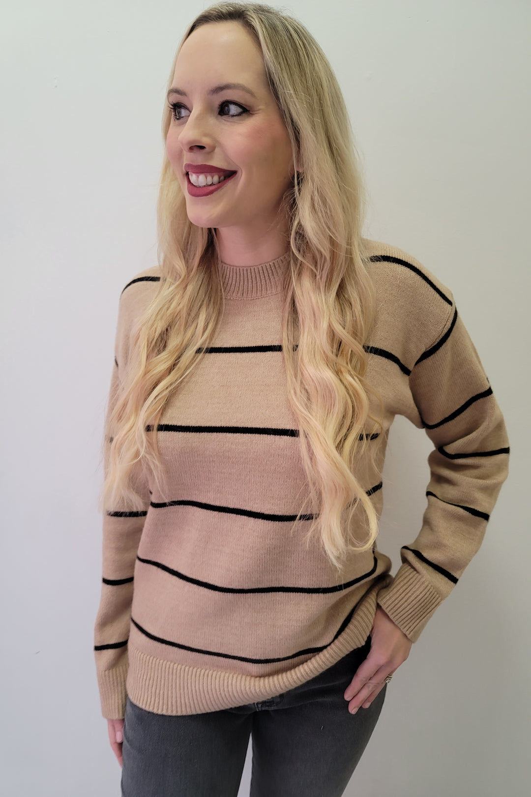 Taupe & Black Striped Loose Fit Sweater