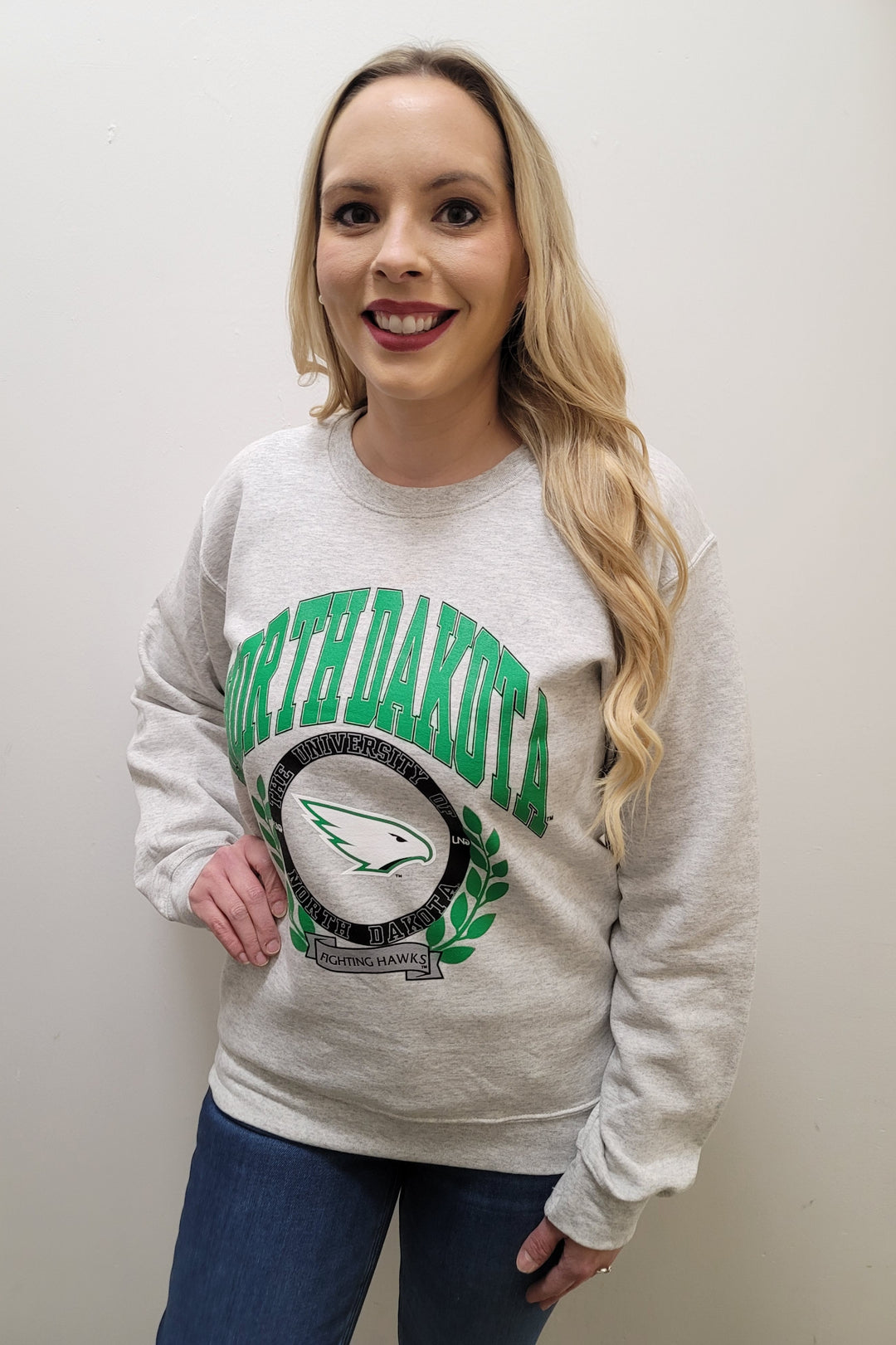 North Dakota Fighting Hawks Ash Crewneck Sweatshirt