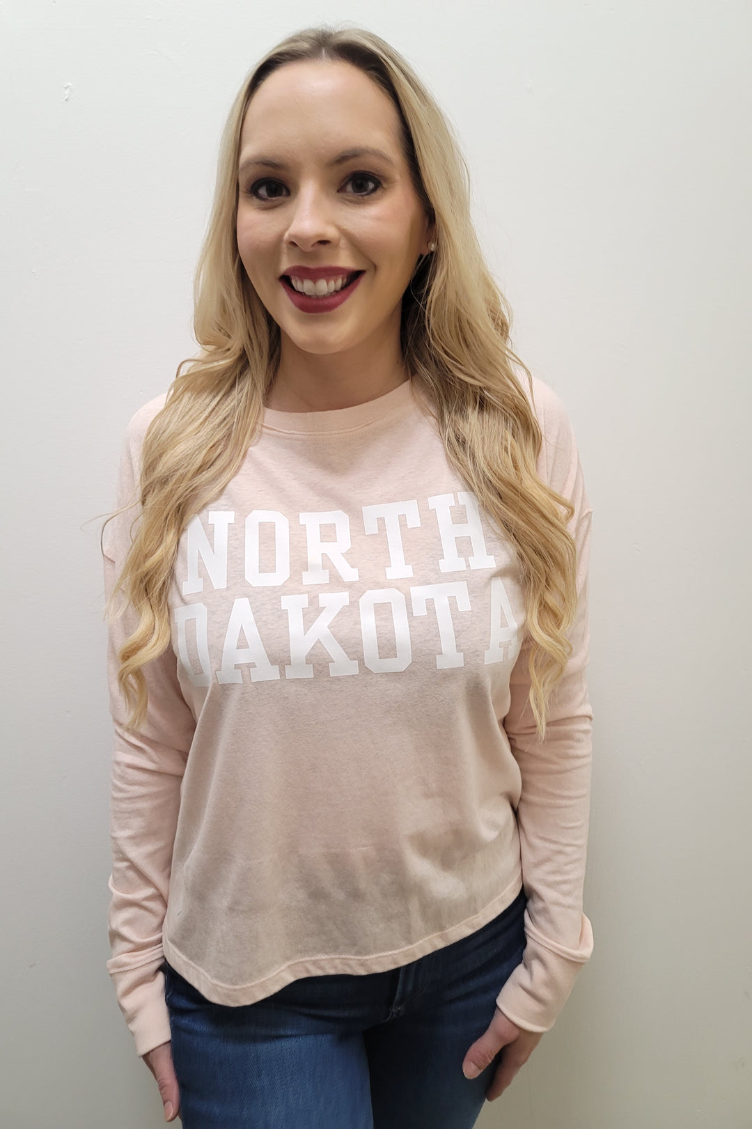 North Dakota Light Pink Long Sleeve Crewneck Tee