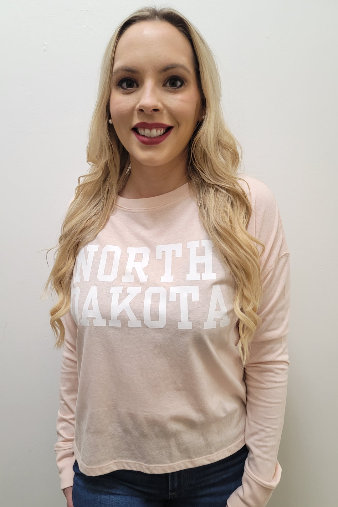 North Dakota Light Pink Long Sleeve Crewneck Tee