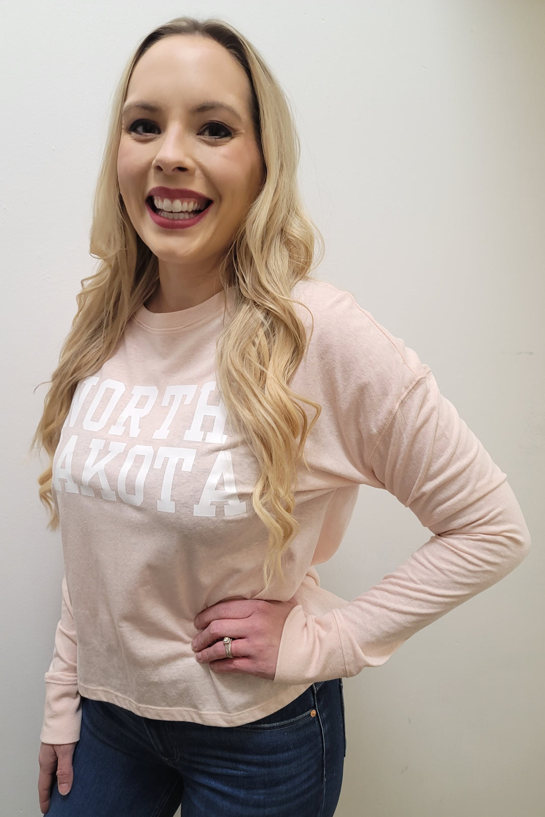 North Dakota Light Pink Long Sleeve Crewneck Tee