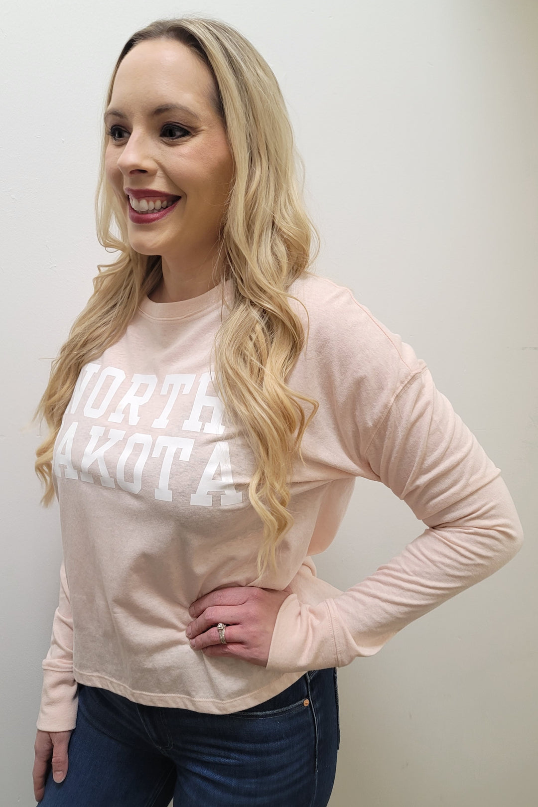 North Dakota Light Pink Long Sleeve Crewneck Tee