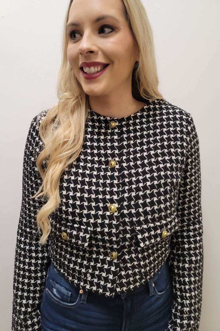 Black Gold Button Plaid Tweed Jacket