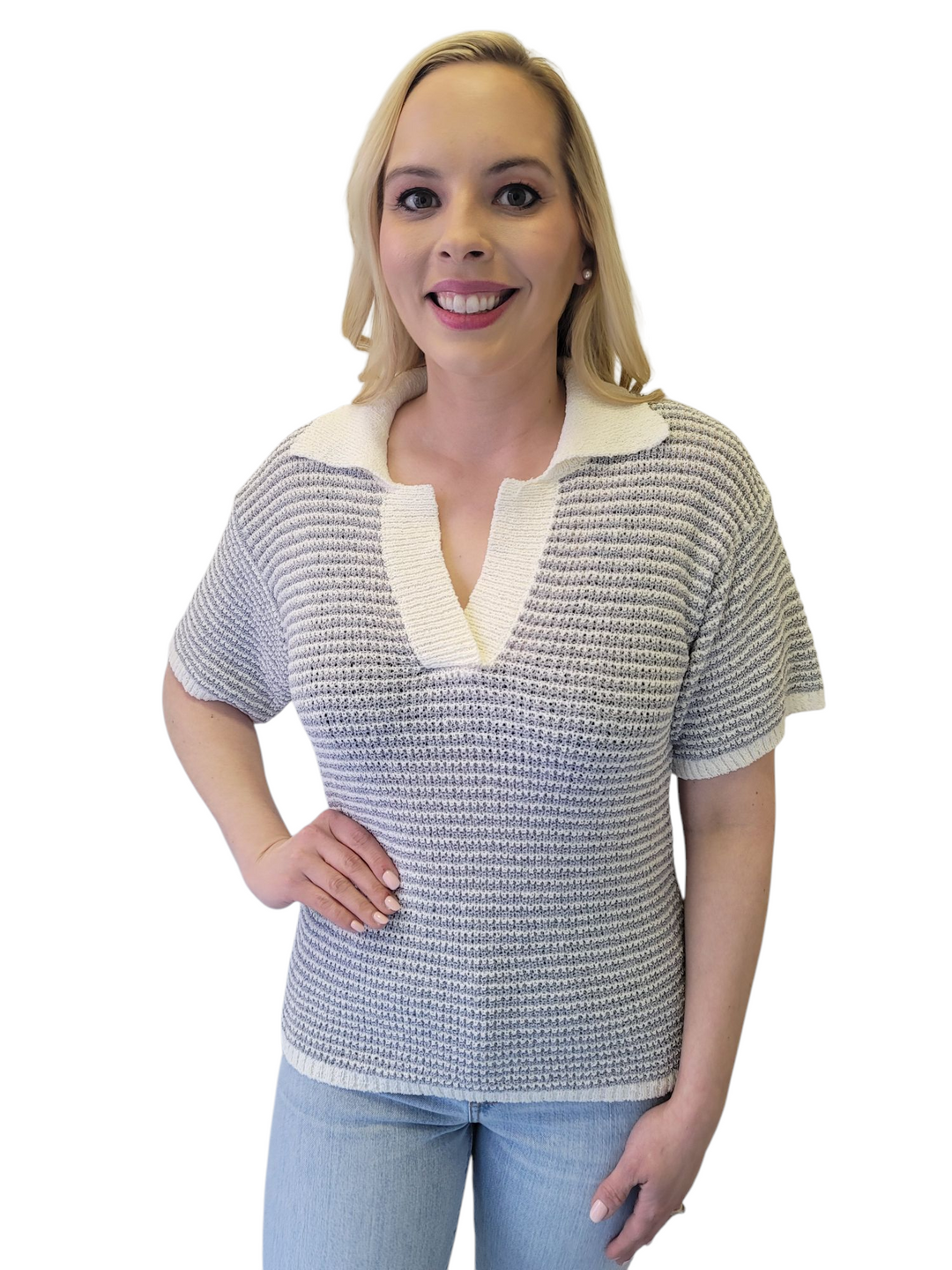 Dusty Blue Striped Boucle Lightweight Collared Polo Top Sweater