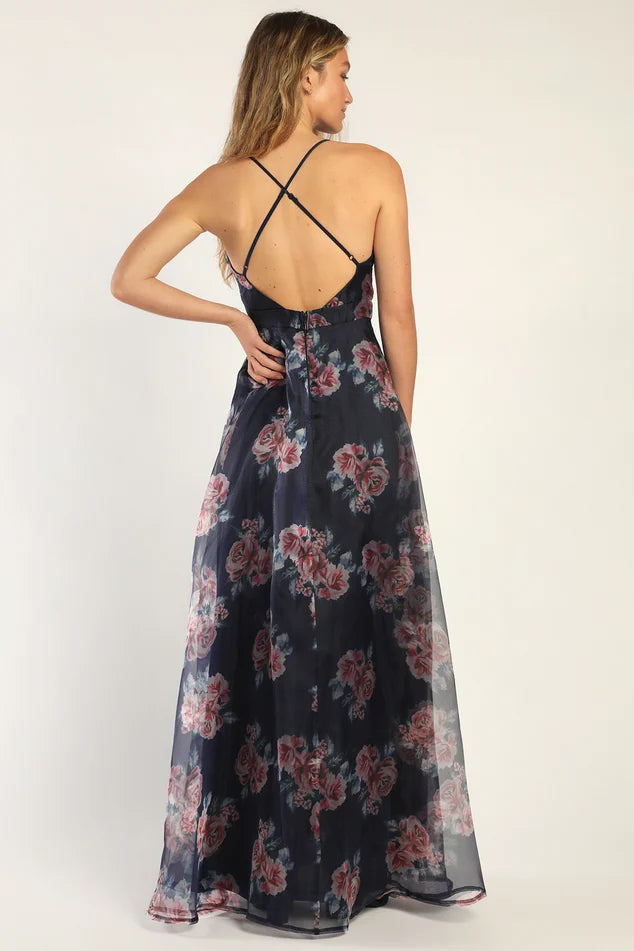 Lulus Navy Blue Floral Organza Maxi Dress