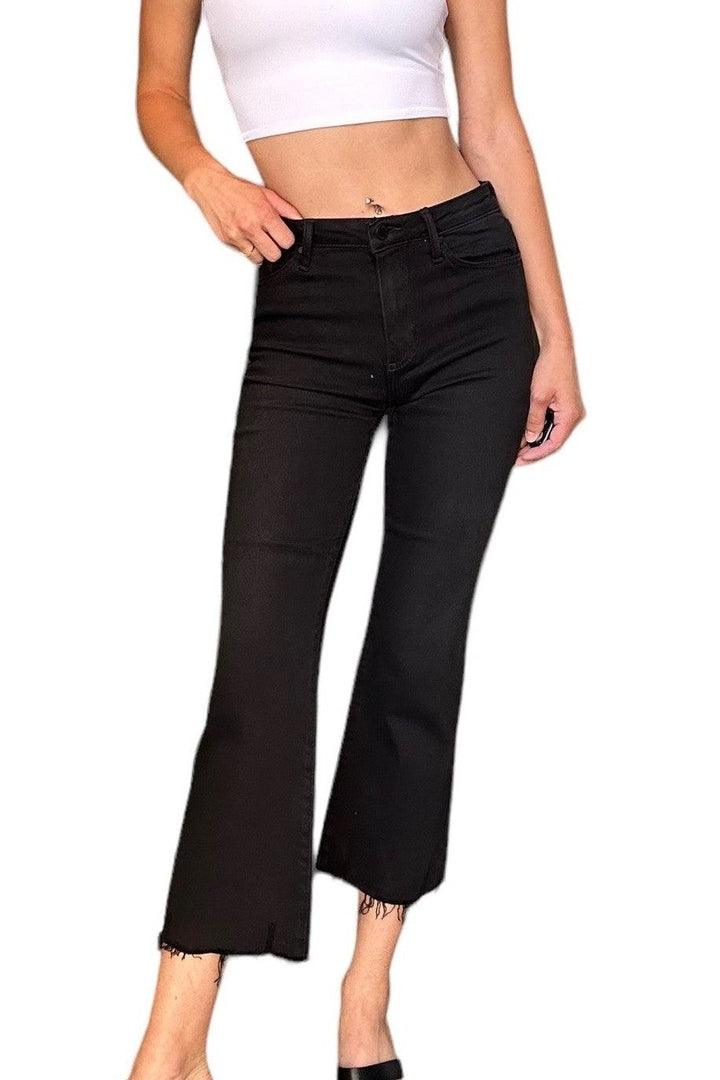 Just Black Denim Black HR Crop Flare W/Distressed Hem Jeans