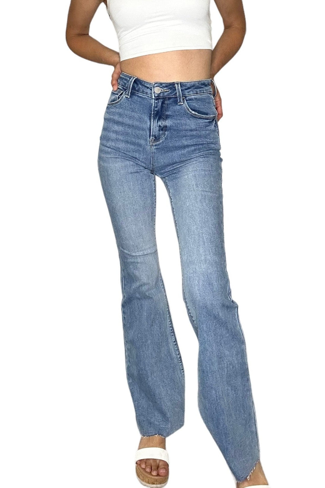 Risen Medium High Rise Raw Cut Hem Bootcut Jeans