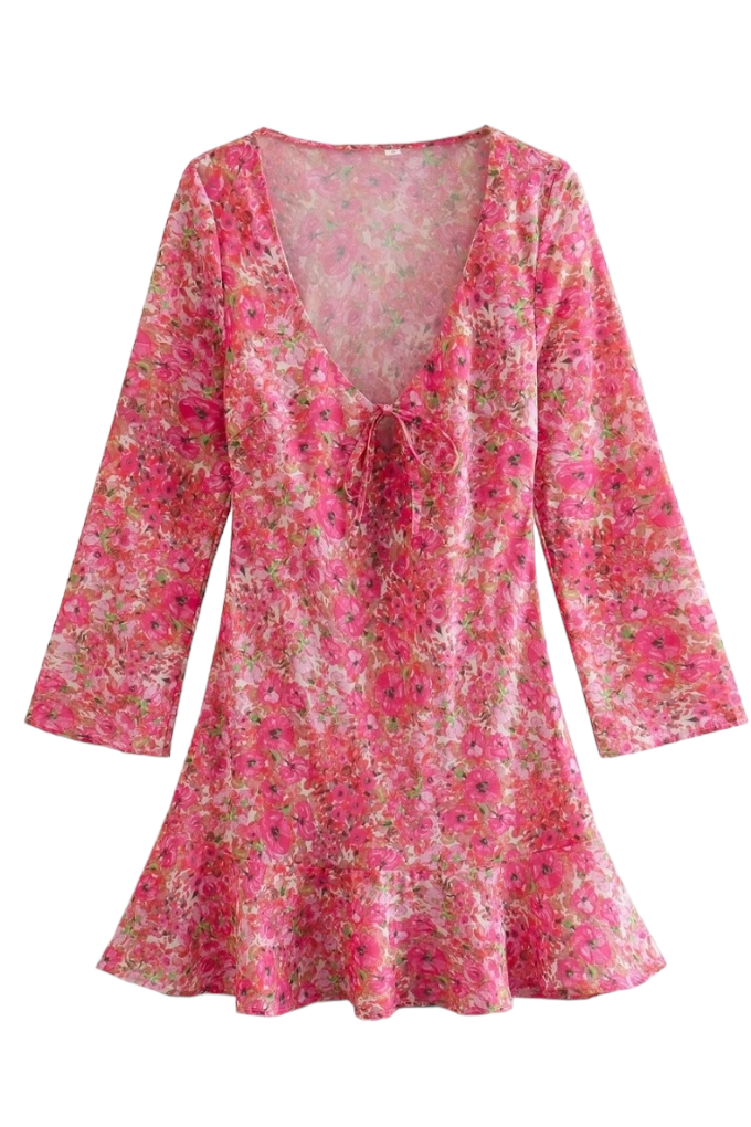 Pink Retro Floral Tie Mini Dress