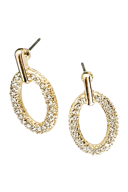 Gold Oval Pave Drop Earrings