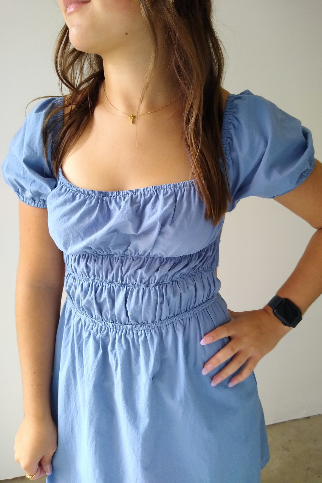 Et Clet Denim Blue Open Back Babydoll Mini Dress