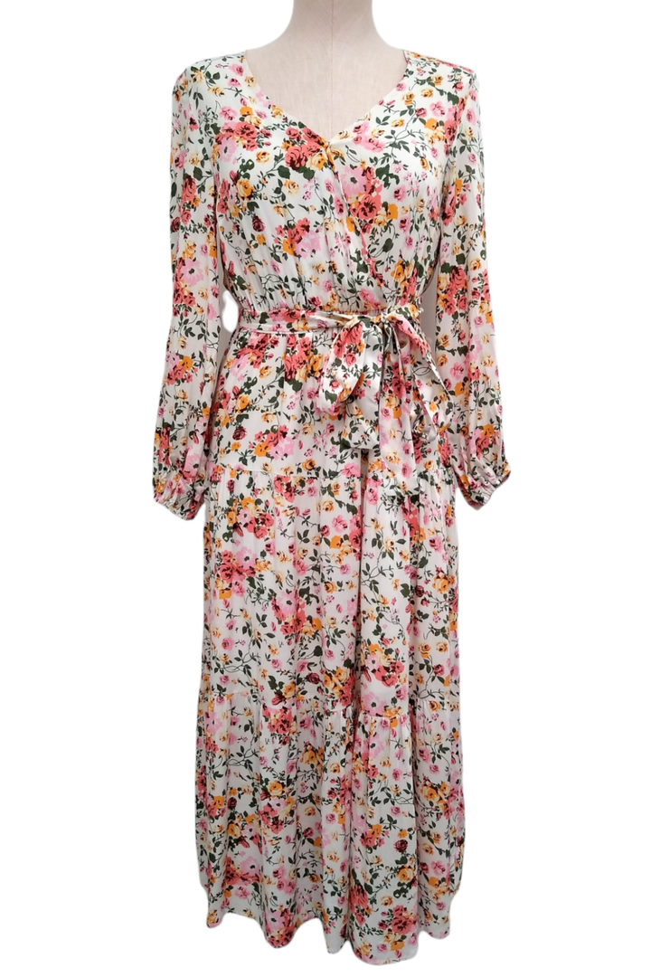 Cream Floral Belted Wrap Dress