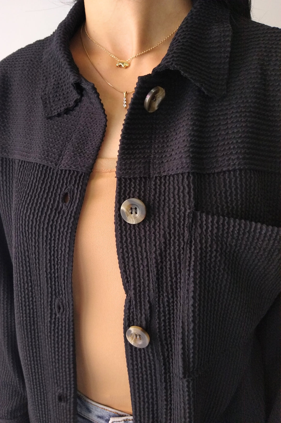 Black Ribbed Cord Button Down Jacket