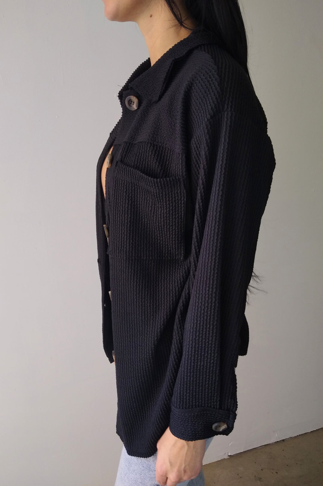 Black Ribbed Cord Button Down Jacket