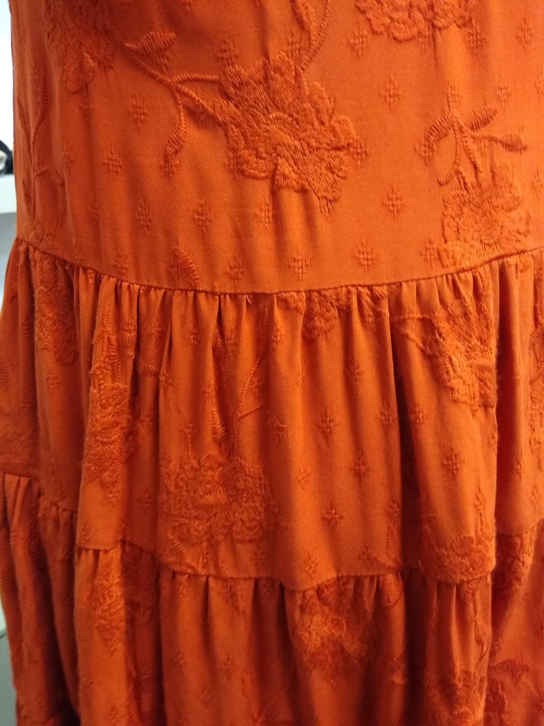 Dear John Red Orange Floral Embroidered Tier Dress