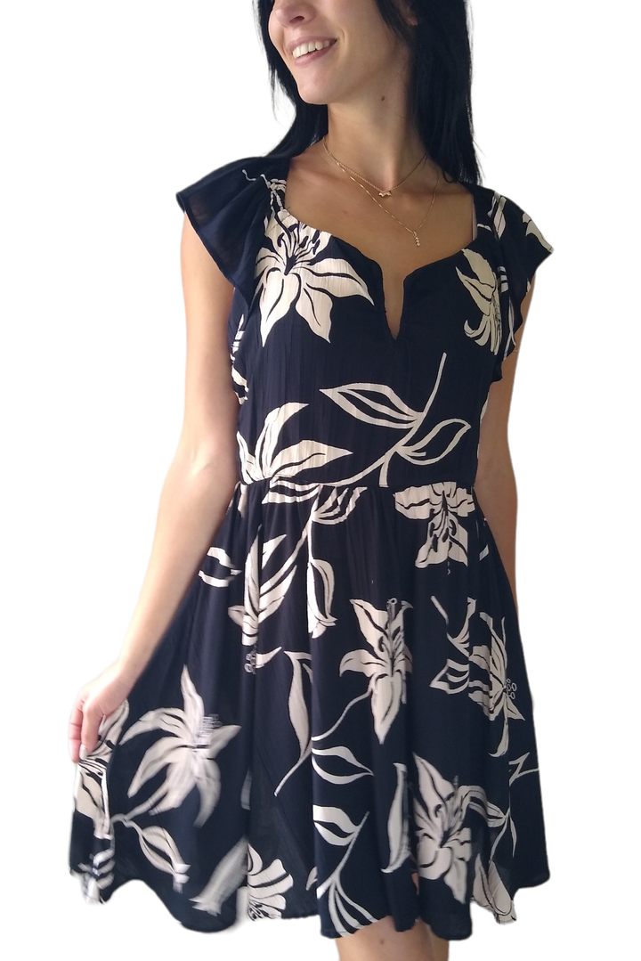 Angie Black Short Sleeve V-Notch Floral Mini Dress