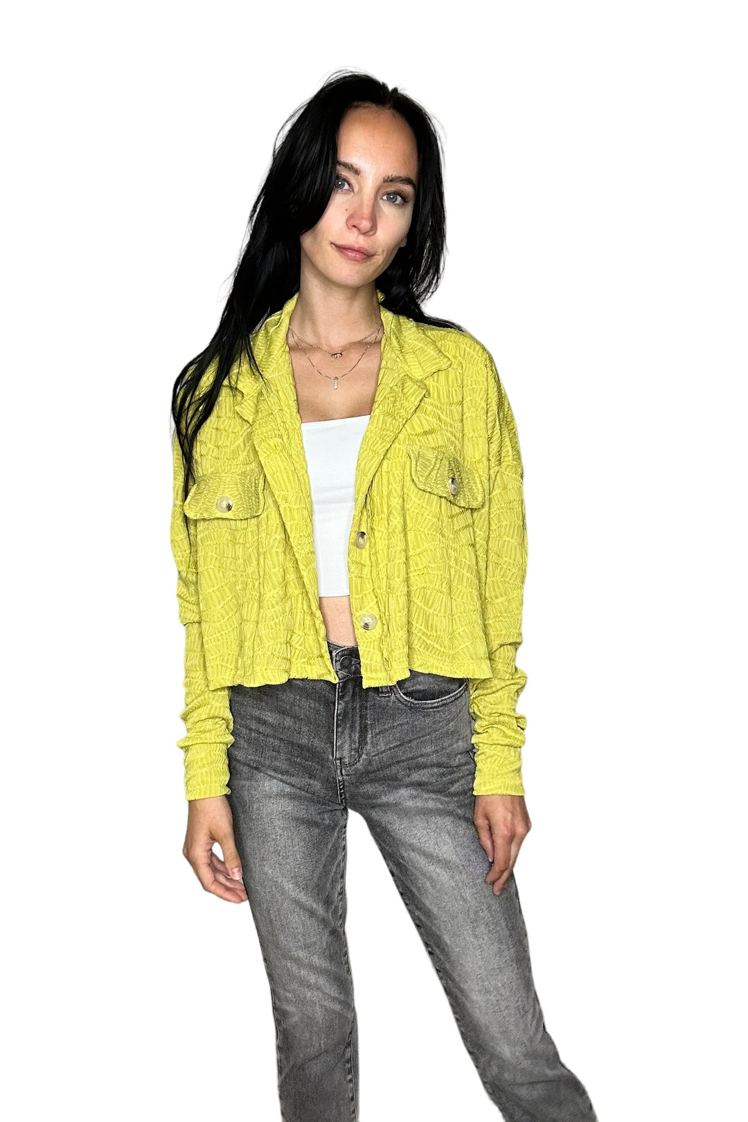 Chartreuse Cropped Button Up Textured Solid Knit Shacket
