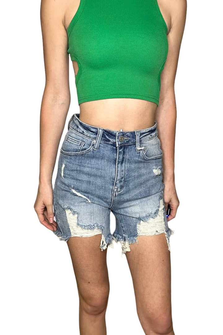 Risen Light High Rise Distressed Mid Thigh Shorts