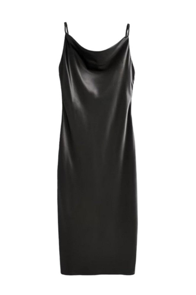 Black Satin Cowl Neck Back Slit Midi Dress