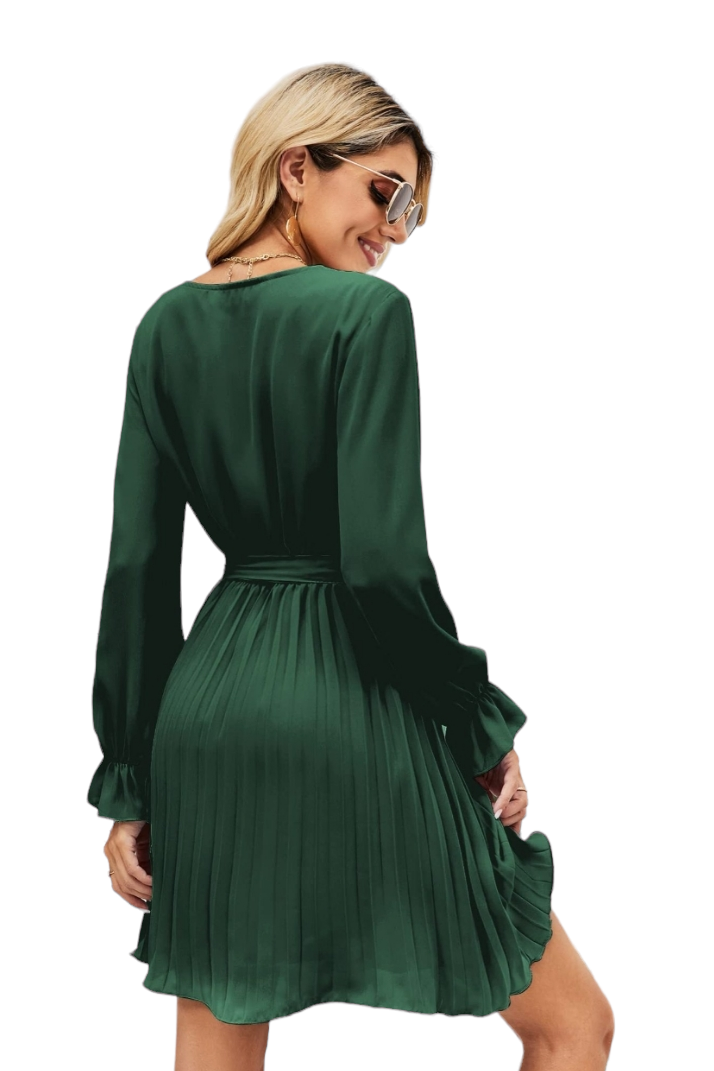 Dark Green Wrap Top Crinkle Skirt Dress