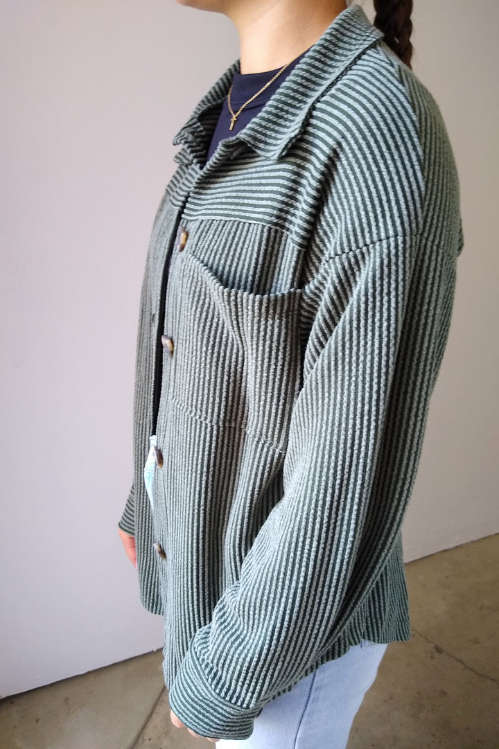 Olive Ribbed Cord Button Down Jacket