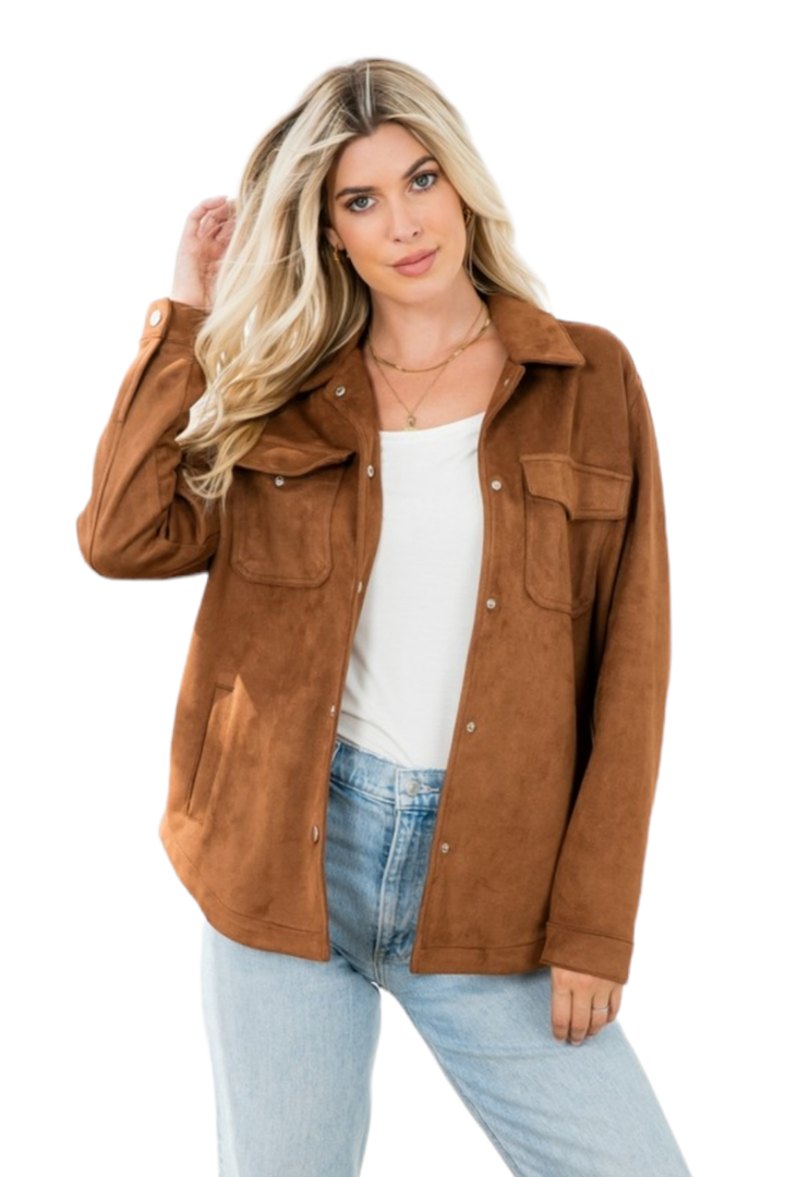 Fall Feels Camel Suede Oversized Snap Shacket