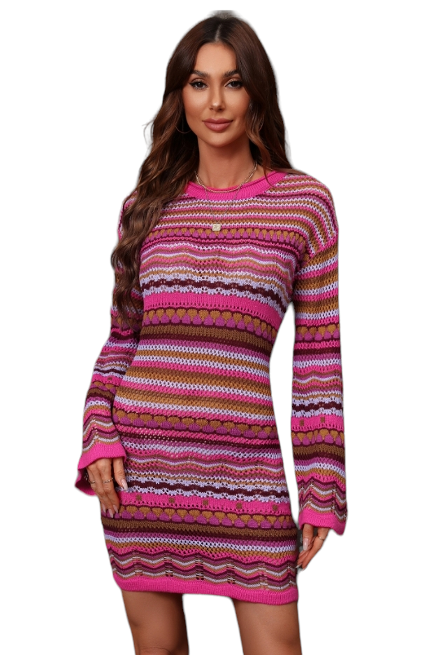 Hot Pink Striped Crochet Sweater Dress