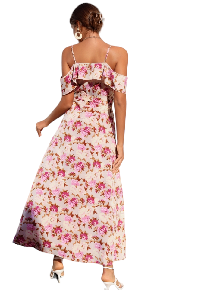 Pink Floral Off The Shoulder Petal Sleeve Maxi Dress