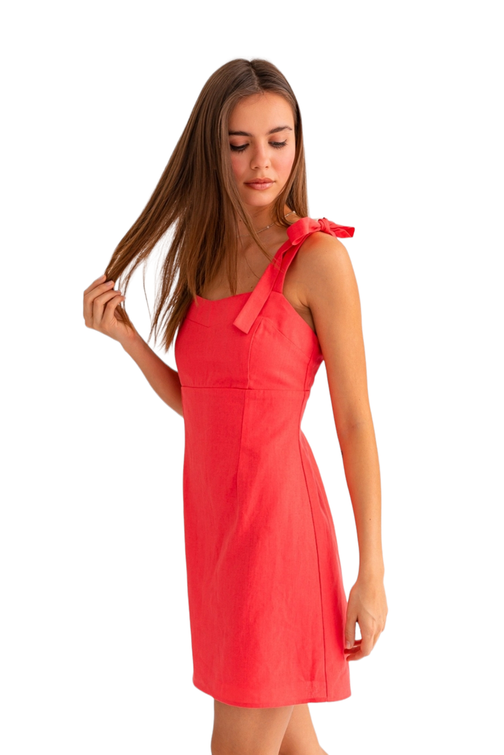 Coral Red Linen Tie Strap Mini Dress