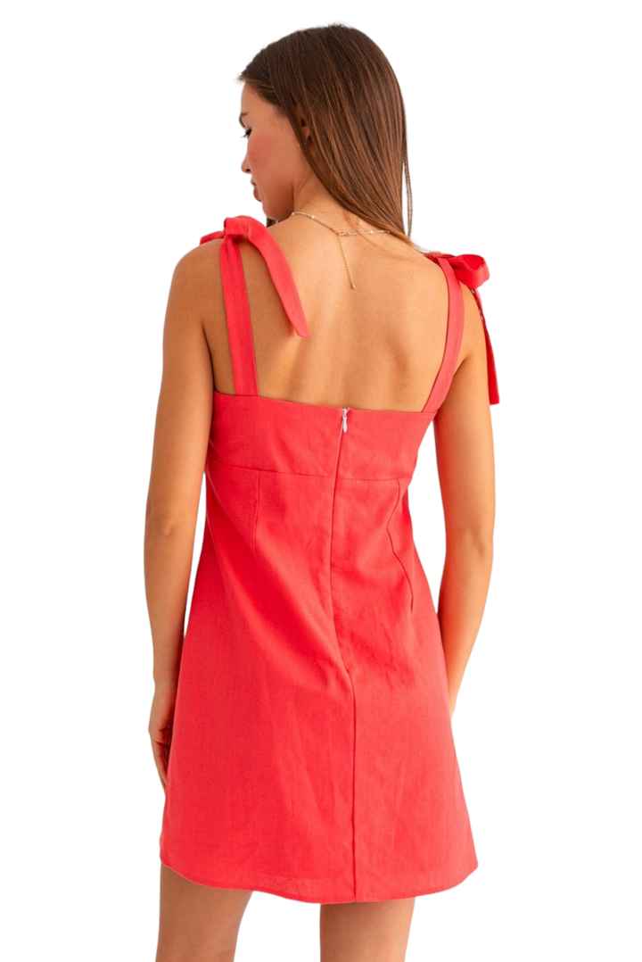 Coral Red Linen Tie Strap Mini Dress