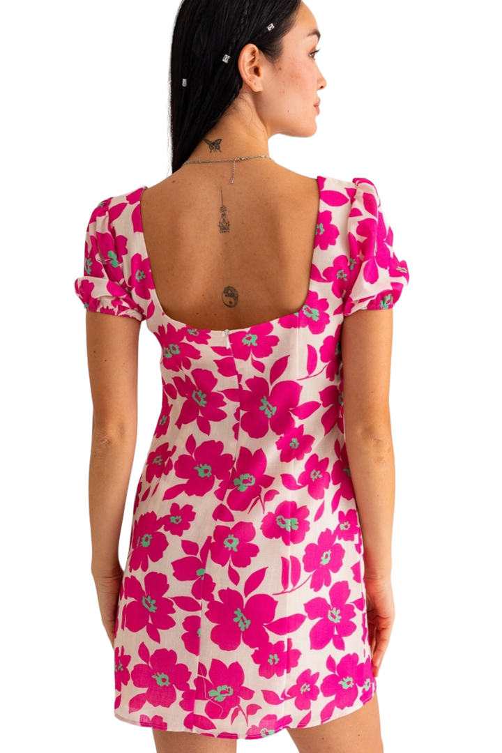 Pink Flower Short Sleeve Mini Dress