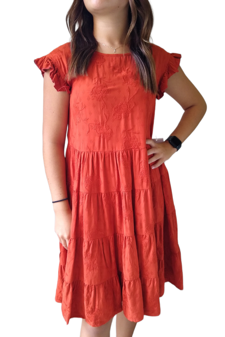 Dear John Red Orange Floral Embroidered Tier Dress