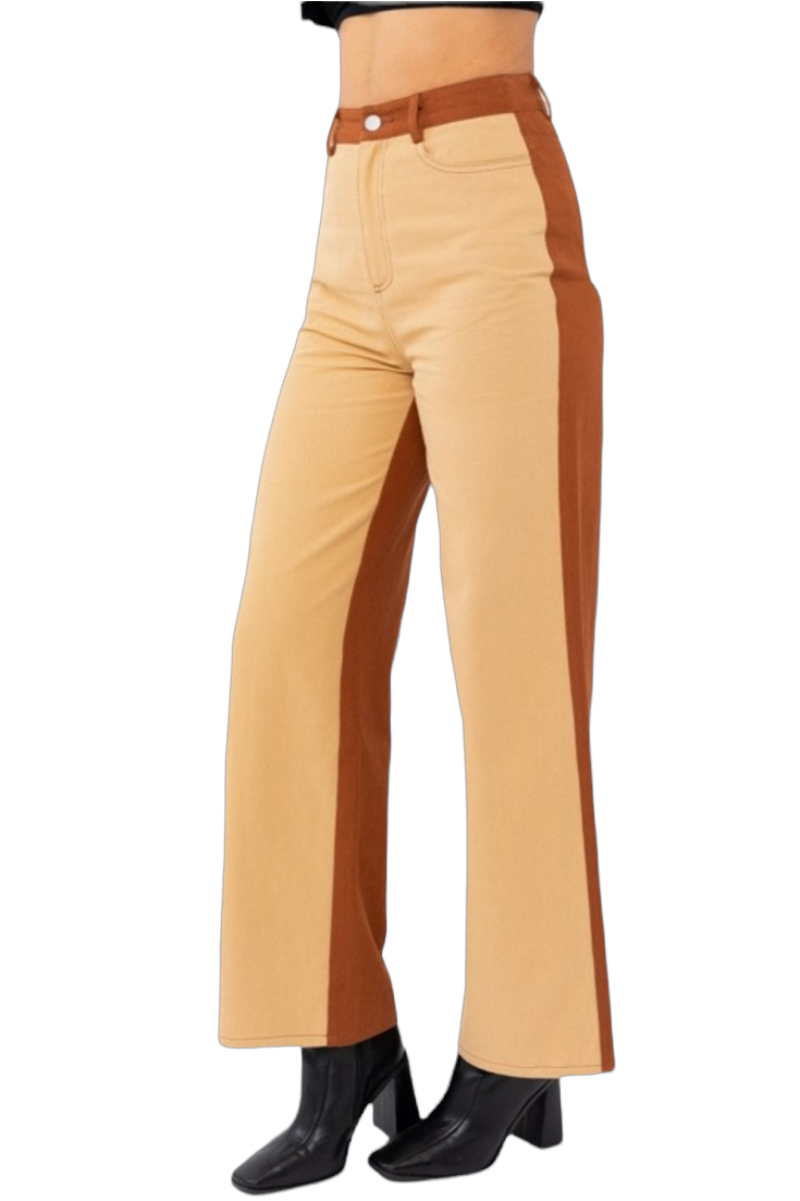 Tan & Brown Color Block Twill Straight Pants