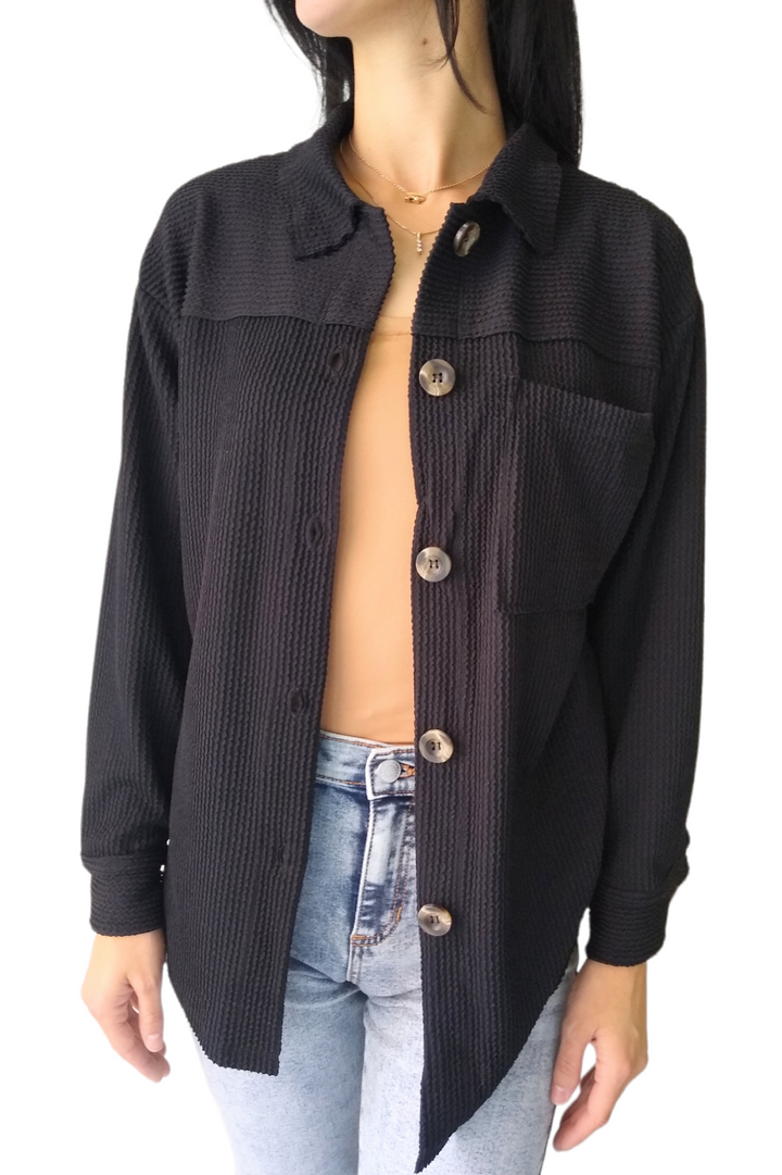 Black Ribbed Cord Button Down Jacket