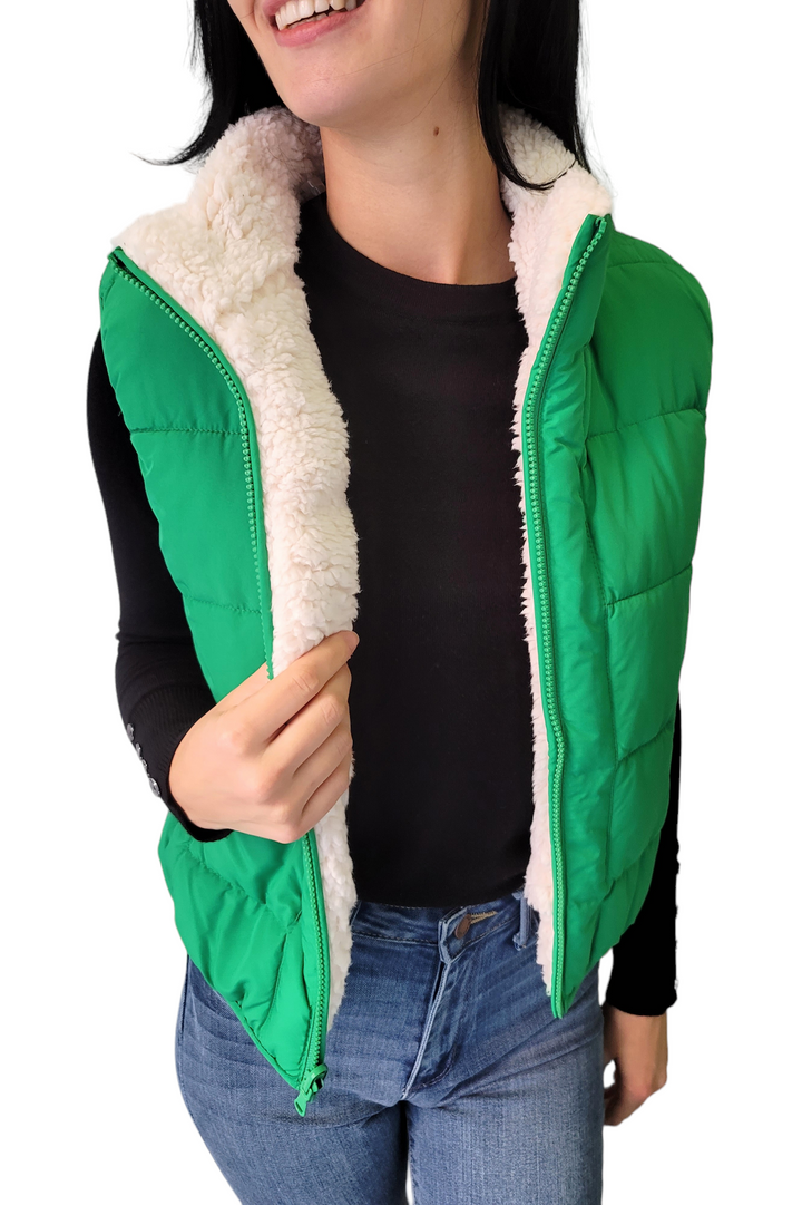 Kelly Green Reversible Sherpa Puffer Vest