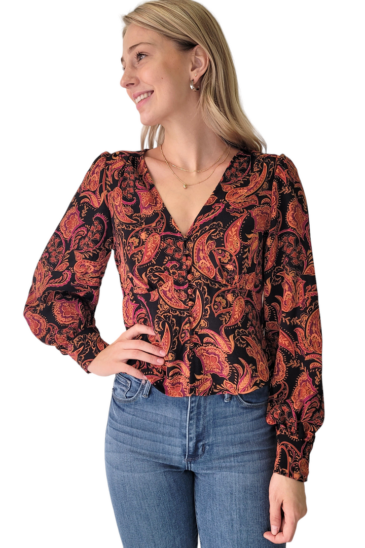 Dex Orange & Purple Paisley V Neck Blouse