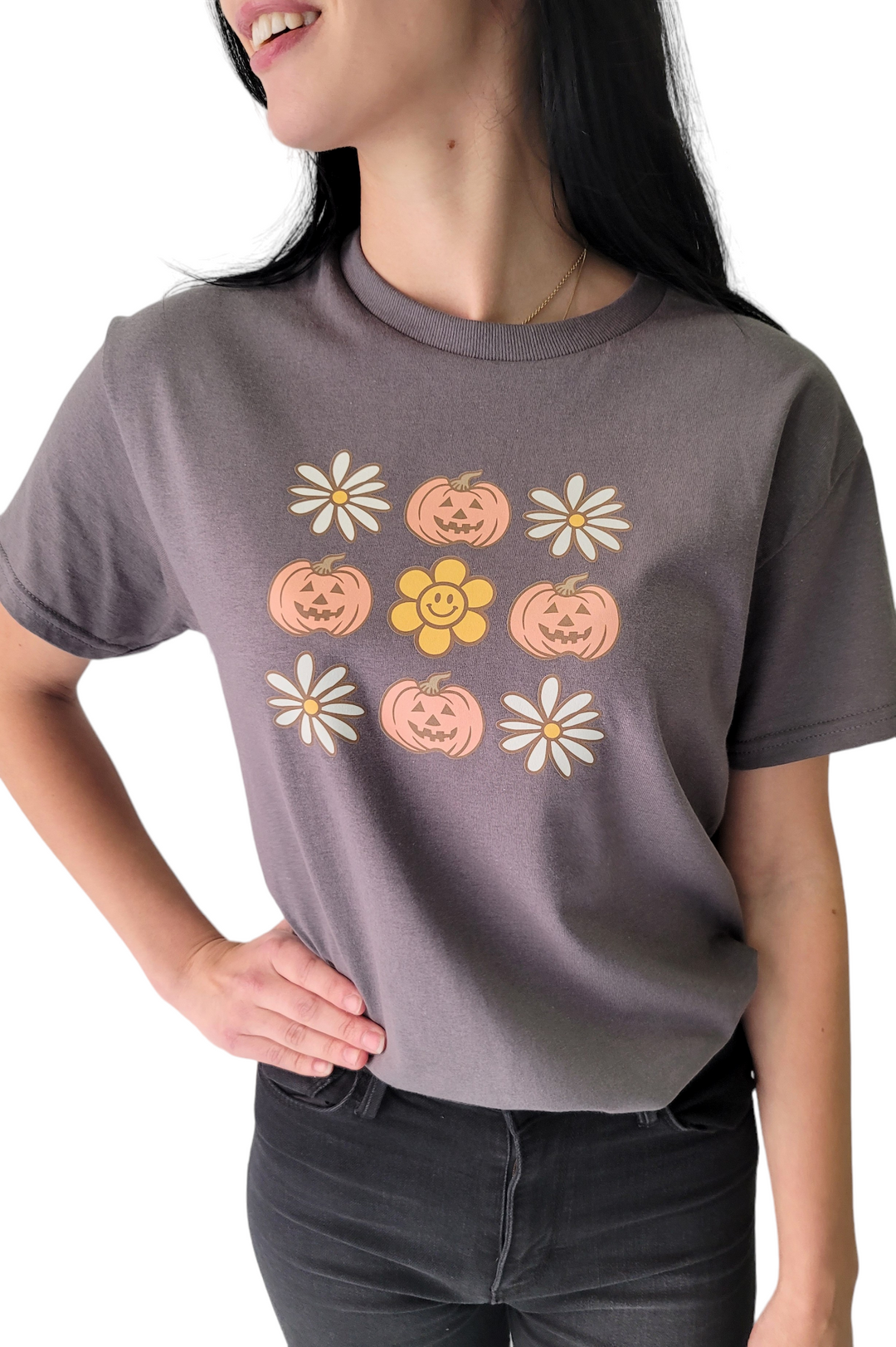 Graphite Gray Retro Flowers & Pumpkins Graphic Tee