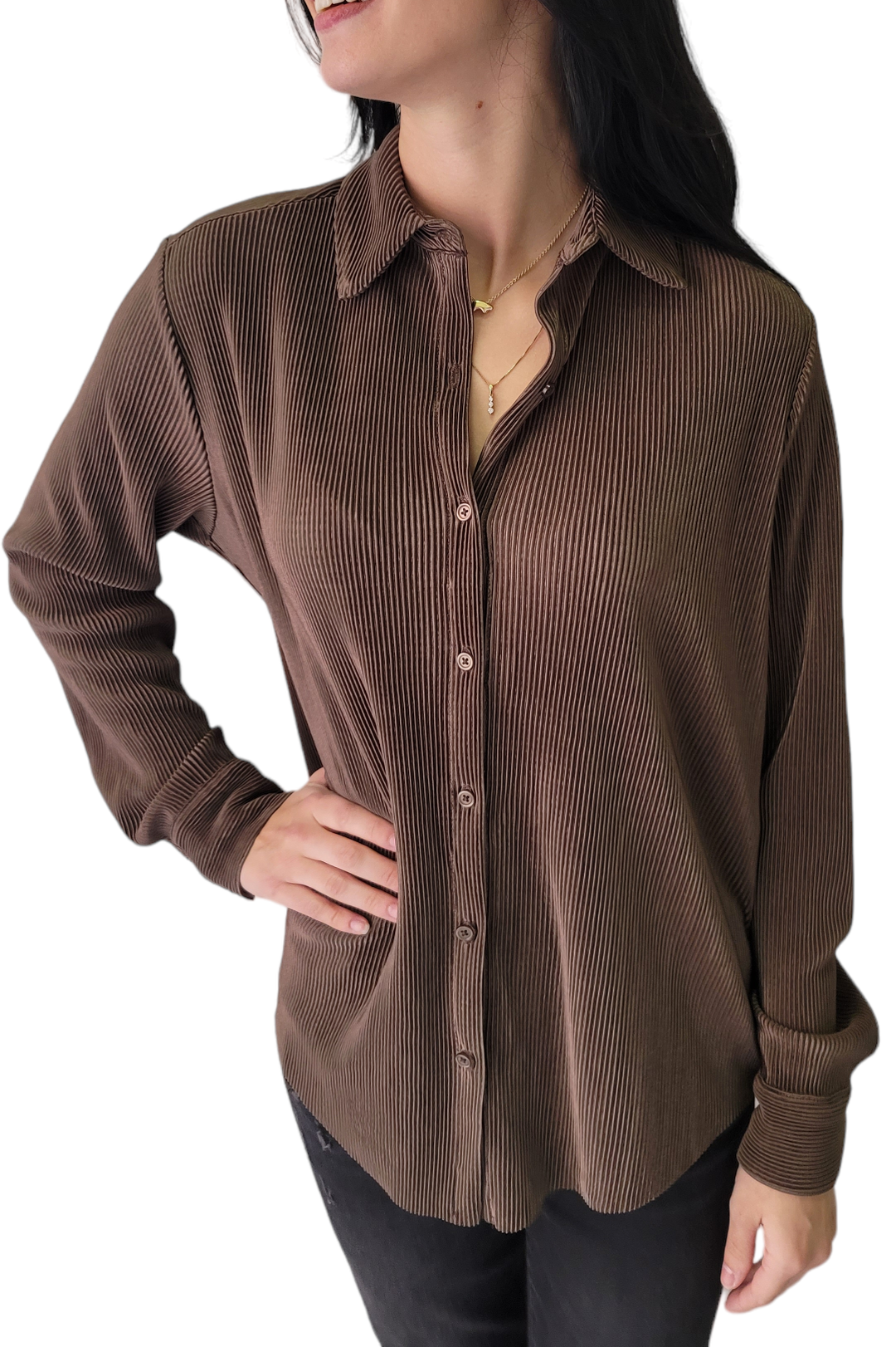 Black Tape Ash Brown Pleated Button Front Shirt