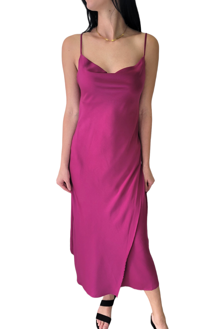 Dex Fuchsia Berry Drape Neck Satin Slip Dress