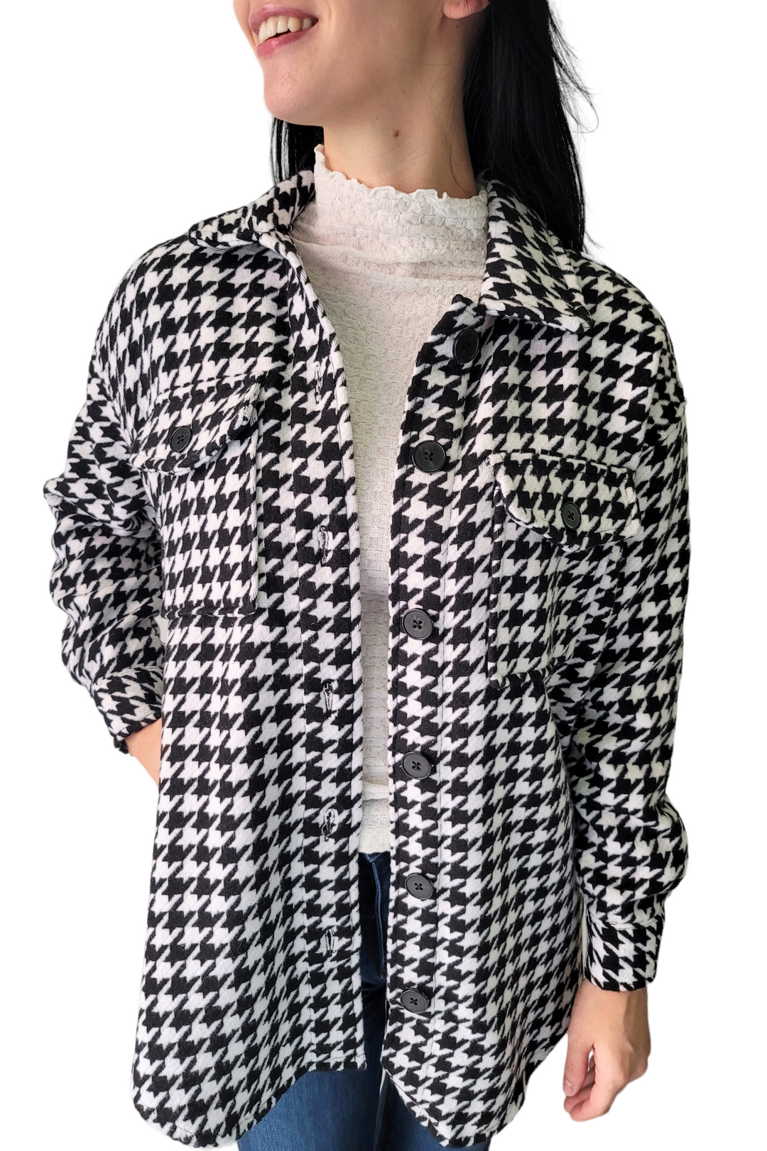 Dex Black & White Button Front Hounds Tooth Shacket