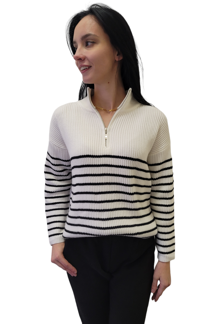 White & Black Stripe Quarter Zip Sweater