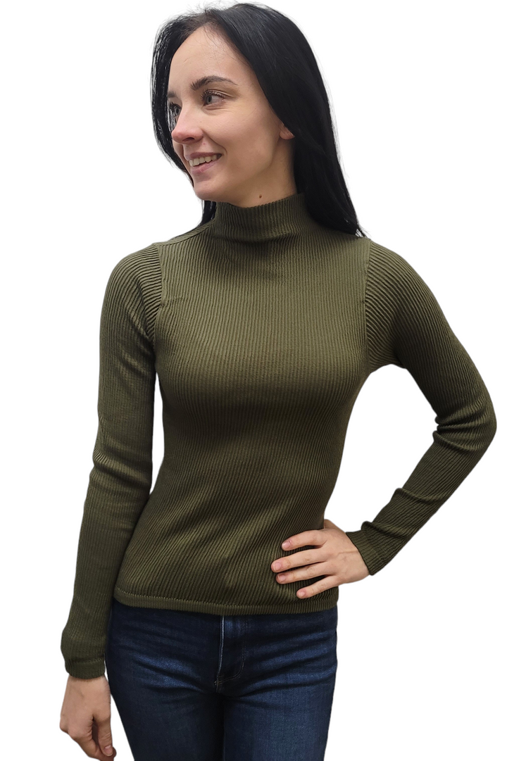 Olive Thick Rib High Mock Neck Long Sleeve Top