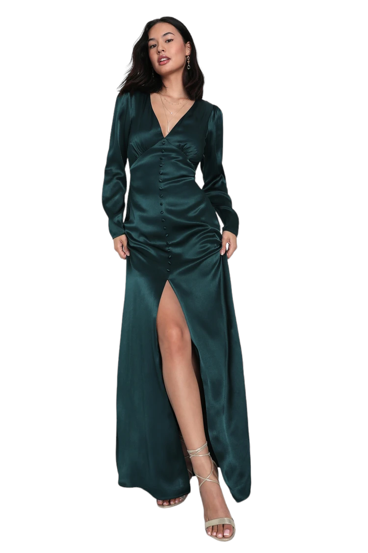 Lulus Emerald Green Satin Long Sleeve Maxi Dress