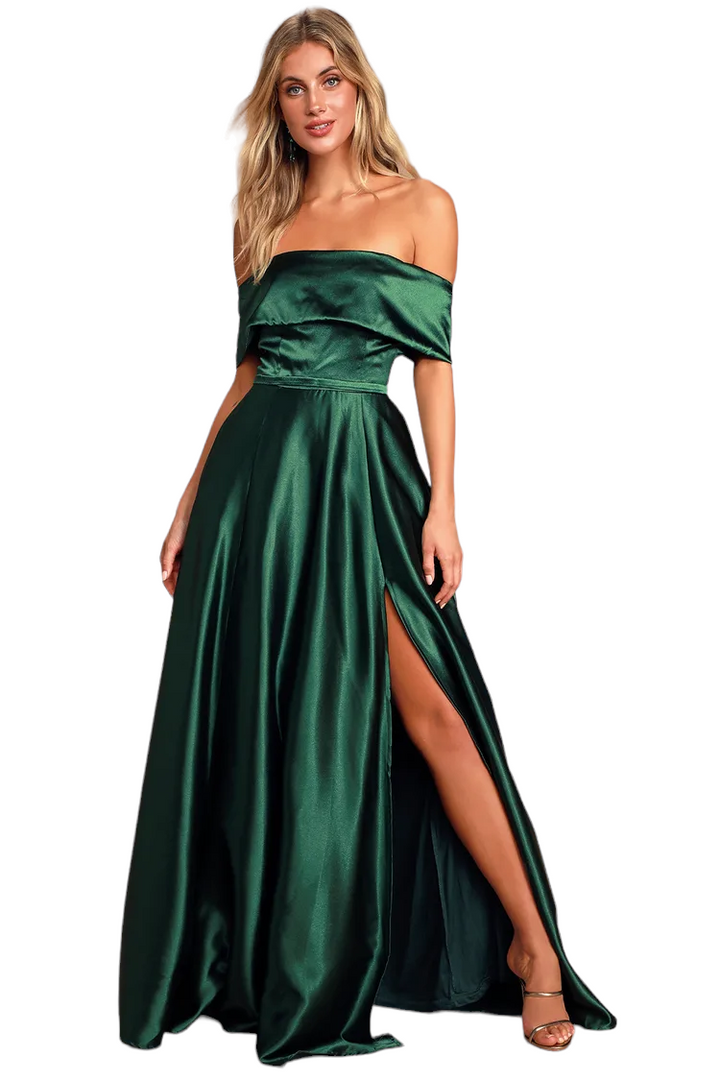 Lulus Forest Green Satin Off The Shoulder Maxi Dress
