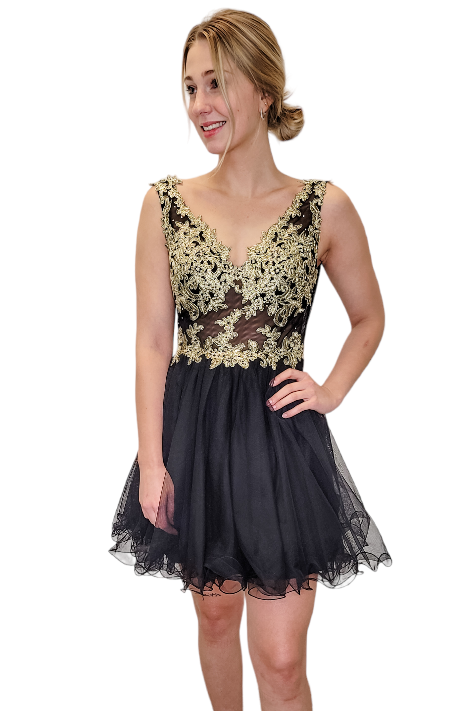 Blondie Nites Tulle Black and Gold Embellished Mini Dress Blondie Nites Tulle Black and Gold Embellished Mini Dress